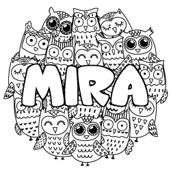 Coloriage prénom MIRA - décor Chouettes