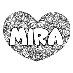 Coloriage pr&eacute;nom MIRA - d&eacute;cor Mandala coeur