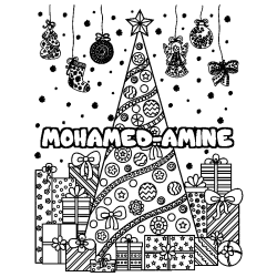 Coloriage pr&eacute;nom MOHAMED-AMINE - d&eacute;cor Sapin et Cadeaux