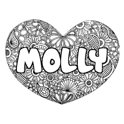 Coloriage pr&eacute;nom MOLLY - d&eacute;cor Mandala coeur