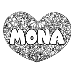 Coloriage prénom MONA - décor Mandala coeur