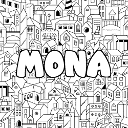 Coloriage prénom MONA - décor Ville
