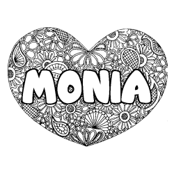 Coloriage prénom MONIA - décor Mandala coeur
