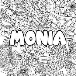 Coloriage prénom MONIA - décor Mandala fruits