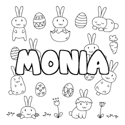 Coloriage pr&eacute;nom MONIA - d&eacute;cor Paques