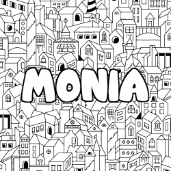 Coloriage pr&eacute;nom MONIA - d&eacute;cor Ville