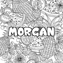 Coloriage pr&eacute;nom MORGAN - d&eacute;cor Mandala fruits