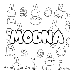 Coloriage prénom MOUNA - décor Paques