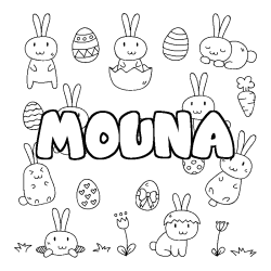 Coloriage pr&eacute;nom MOUNA - d&eacute;cor Paques