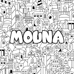 Coloriage prénom MOUNA - décor Ville