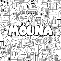 Coloriage pr&eacute;nom MOUNA - d&eacute;cor Ville