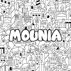 Coloriage pr&eacute;nom MOUNIA - d&eacute;cor Ville