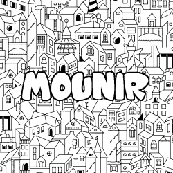 Coloriage prénom MOUNIR - décor Ville