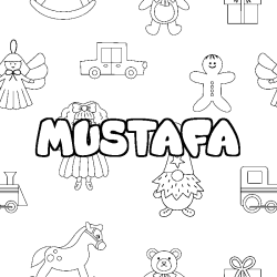 Coloriage prénom MUSTAFA - décor Jouets