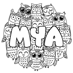 Coloriage pr&eacute;nom MYA - d&eacute;cor Chouettes