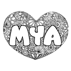 Coloriage prénom MYA - décor Mandala coeur