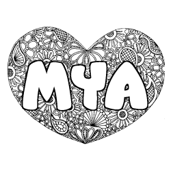 Coloriage pr&eacute;nom MYA - d&eacute;cor Mandala coeur