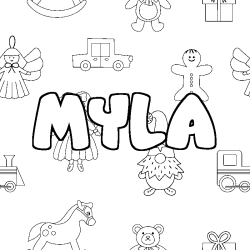 Coloriage prénom MYLA - décor Jouets