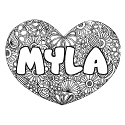 Coloriage pr&eacute;nom MYLA - d&eacute;cor Mandala coeur