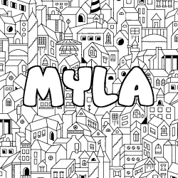 Coloriage prénom MYLA - décor Ville