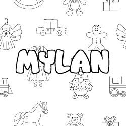 Coloriage pr&eacute;nom MYLAN - d&eacute;cor Jouets