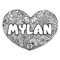 Coloriage pr&eacute;nom MYLAN - d&eacute;cor Mandala coeur
