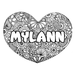 Coloriage pr&eacute;nom MYLANN - d&eacute;cor Mandala coeur