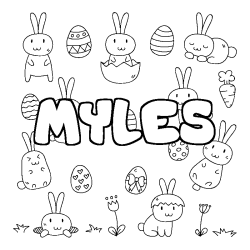 Coloriage prénom MYLES - décor Paques