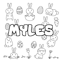 Coloriage pr&eacute;nom MYLES - d&eacute;cor Paques