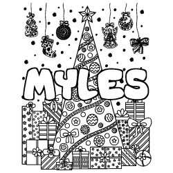 Coloriage prénom MYLES - décor Sapin et Cadeaux