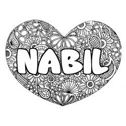 Coloriage pr&eacute;nom NABIL - d&eacute;cor Mandala coeur