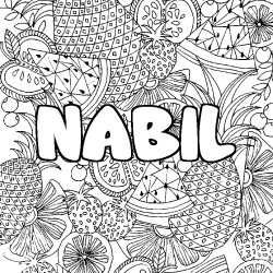 Coloriage pr&eacute;nom NABIL - d&eacute;cor Mandala fruits