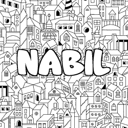 Coloriage pr&eacute;nom NABIL - d&eacute;cor Ville