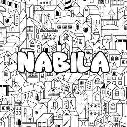 Coloriage pr&eacute;nom NABILA - d&eacute;cor Ville