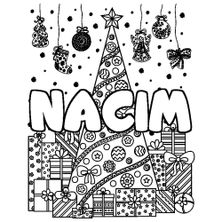Coloriage pr&eacute;nom NACIM - d&eacute;cor Sapin et Cadeaux