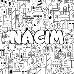 Coloriage prénom NACIM - décor Ville
