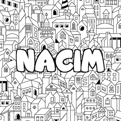Coloriage pr&eacute;nom NACIM - d&eacute;cor Ville