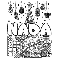 Coloriage prénom NADA - décor Sapin et Cadeaux