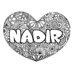Coloriage prénom NADIR - décor Mandala coeur