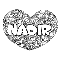 Coloriage pr&eacute;nom NADIR - d&eacute;cor Mandala coeur