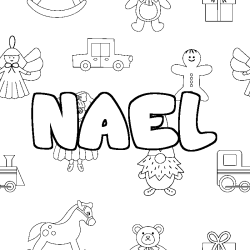 Coloriage pr&eacute;nom NAEL - d&eacute;cor Jouets