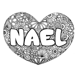 Coloriage pr&eacute;nom NAEL - d&eacute;cor Mandala coeur
