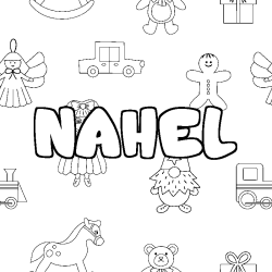 Coloriage prénom NAHEL - décor Jouets