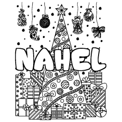 Coloriage prénom NAHEL - décor Sapin et Cadeaux