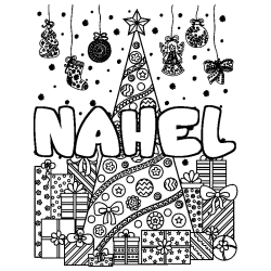 Coloriage pr&eacute;nom NAHEL - d&eacute;cor Sapin et Cadeaux