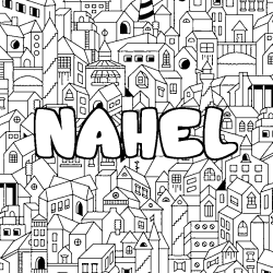 Coloriage pr&eacute;nom NAHEL - d&eacute;cor Ville