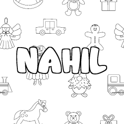 Coloriage prénom NAHIL - décor Jouets