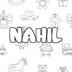 Coloriage pr&eacute;nom NAHIL - d&eacute;cor Jouets