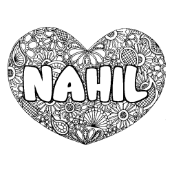 Coloriage prénom NAHIL - décor Mandala coeur