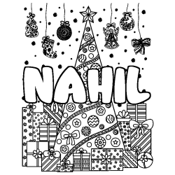 Coloriage pr&eacute;nom NAHIL - d&eacute;cor Sapin et Cadeaux